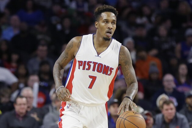 FILE - In this Jan. 4, 2016, file photo, Detroit Pistons guard Brandon Jennings brings the ball up court during the first half of an NBA basketball game against the Orlando Magic, in Auburn Hills, Mich. With Brandon Jennings finally back from an Achilles tendon injury, the Detroit Pistons now have to figure out how best to manage their two talented point guards _ with Reggie Jackson already signed to a long-term deal.  (AP Photo/Carlos Osorio, File)
