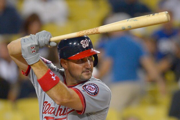 Aug 11, 2015; Los Angeles, CA, USA; Washington Nationals first baseman Ryan Zimmerman (11) at bat during the game against the Los Angeles Dodgers at Dodger Stadium. Dodgers won 5-0. Mandatory Credit: Jayne Kamin-Oncea-USA TODAY Sports