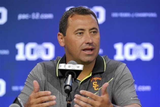 FILE - In this July 31, 2015, file photo, Southern California coach Steve Sarkisian speaks to reporters during NCAA college Pac-12 Football media days in Burbank, Calif. Steve Sarkisian has sued the University of Southern California, alleging the school breached the football coach’s contract and discriminated against him on the basis of a disability by firing him this fall. Sarkisian’s complaint was filed Monday, Dec. 7, 2015,  in Los Angeles County Court. (AP Photo/Mark J. Terrill, File)