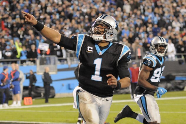 Carolina Panthers quarterback Cam Newton (1) celebrates a touchdown against the Tampa Bay Buccaneers in the first half of an NFL football game in Charlotte, N.C., Sunday, Jan. 3, 2016. (AP Photo/Mike McCarn)