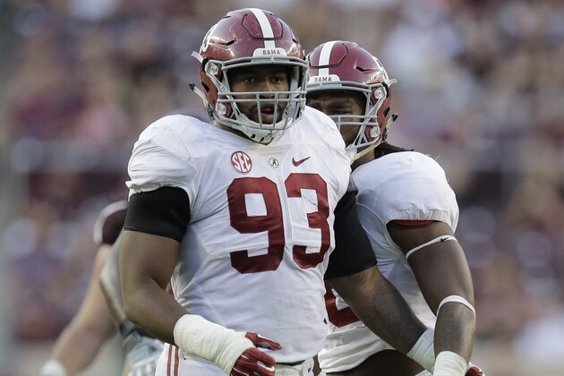 Alabama 's Jonathan Allen (93) during the second half of an NCAA college football game against Texas A&M , Saturday, Oct. 17, 2015, in College Station, Texas. Alabama won 41-23. (AP Photo/Eric Gay)