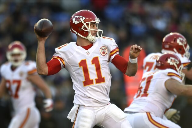 Kansas City Chiefs quarterback Alex Smith (11) throws to a receiver in the first half of an NFL football game against the Baltimore Ravens, Sunday, Dec. 20, 2015, in Baltimore. (AP Photo/Gail Burton)