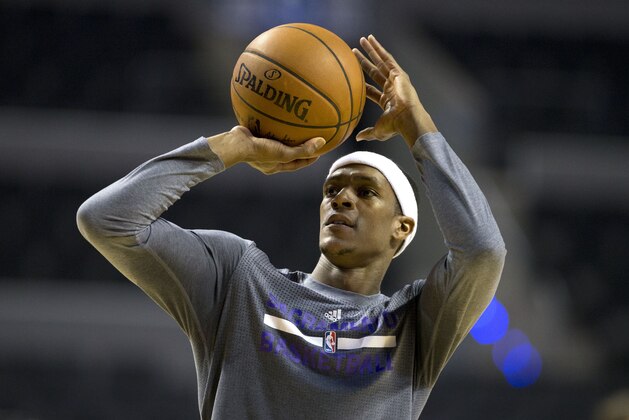 Sacramento Kings guard Rajon Rondo shoots during a training session in Mexico City, Wednesday, Dec. 2, 2015. The Kings will play the Boston Celtics Thursday in a regular-season NBA basketball game in Mexico City.(AP Photo/Rebecca Blackwell)