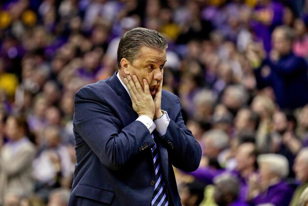 Jan 5, 2016; Baton Rouge, LA, USA; Kentucky Wildcats head coach John Calipari reacts to an officials call during the first half of a game against the LSU Tigers at the Pete Maravich Assembly Center. Mandatory Credit: Derick E. Hingle-USA TODAY Sports