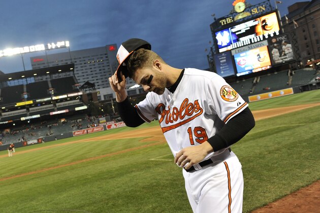 Baltimore Orioles Chris Davis walks to the dugout after the last baseball game of the season in Baltimore, Sunday, Oct. 4, 2015. (AP Photo/Gail Burton)