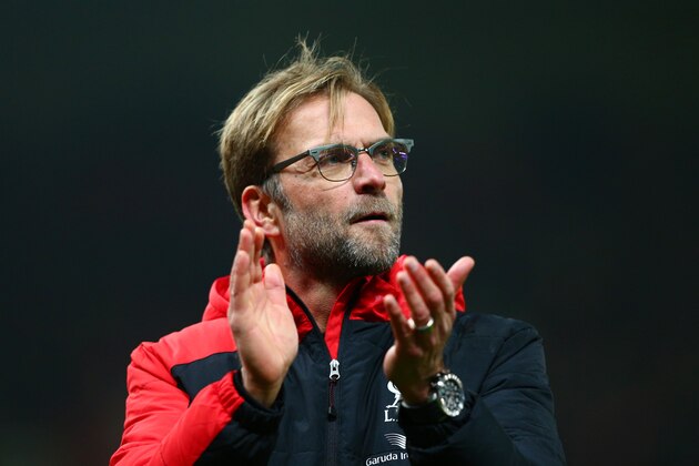 STOKE ON TRENT, ENGLAND - JANUARY 05:  Jurgen Klopp the Manager of Liverpool applauds the fans following their team's 1-0 victory during the Capital One Cup semi final, first leg match between Stoke City and Liverpool at the Britannia Stadium on January 5, 2016 in Stoke on Trent, England.  (Photo by Clive Mason/Getty Images)