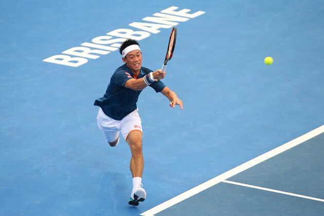 BRISBANE, AUSTRALIA - JANUARY 06:  Kei Nishikori of Japan plays a forehand in his match against Mikhail Kukushkin of Kazakhstan during day four of the 2016 Brisbane International at Pat Rafter Arena on January 6, 2016 in Brisbane, Australia.  (Photo by Chris Hyde/Getty Images)