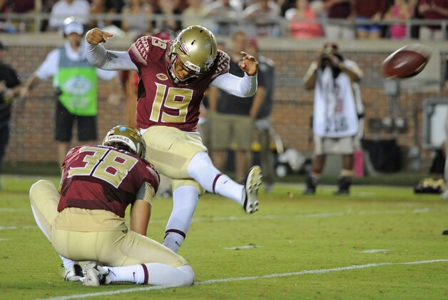 Sep 5, 2015; Tallahassee, FL, USA; Florida State Seminoles kicker Roberto Aguayo (19) kicks an extra point during the first half of the game against the Texas State Bobcats at Doak Campbell Stadium. Mandatory Credit: Melina Vastola-USA TODAY Sports