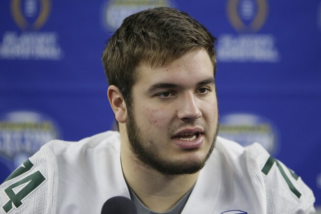 Michigan State offensive tackle Jack Conklin (74) speaks during the media day for the NCAA Cotton Bowl college football game Tuesday, Dec. 29, 2015, in Arlington, Texas. (AP Photo/LM Otero)