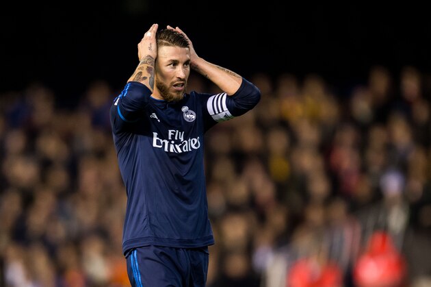 VALENCIA, SPAIN - JANUARY 03:  Sergio Ramos of Real Madrid CF reacts during the La Liga match between Valencia CF and Real Madrid CF at Estadio de Mestalla on January 3, 2016 in Valencia, Spain.  (Photo by Aitor Colomer/Power Sport Images/Getty Images)