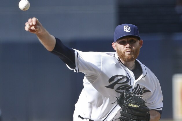 San Diego Padres starting pitcher Ian Kennedy works against the Milwaukee Brewers in the first inning of a baseball game Thursday, Oct. 1, 2015, in San Diego.  (AP Photo/Lenny Ignelzi)