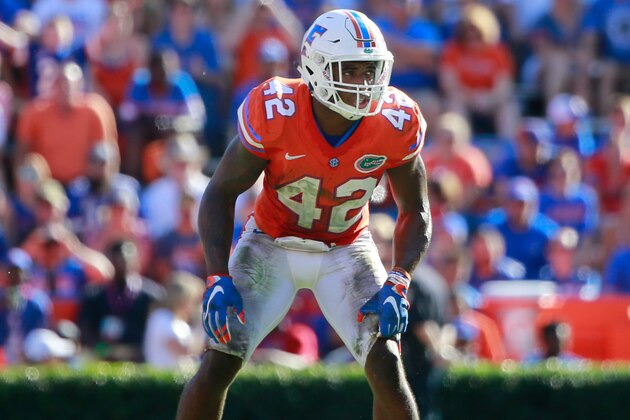 Nov 7, 2015; Gainesville, FL, USA; Florida Gators defensive back Keanu Neal (42) against the Vanderbilt Commodores during the second half at Ben Hill Griffin Stadium. Florida Gators defeated the Vanderbilt Commodores 9-7. Mandatory Credit: Kim Klement-USA TODAY Sports