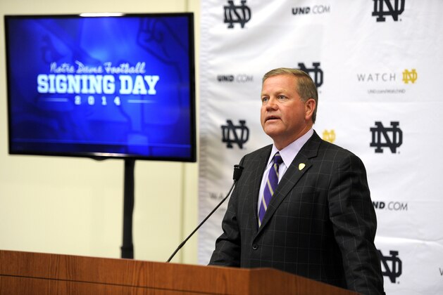 Notre Dame football coach Brian Kelly talks about recruits during football signing day at Notre Dame Feb. 5, 2014 in South Bend, Ind.  (AP Photo/Joe Raymond)
