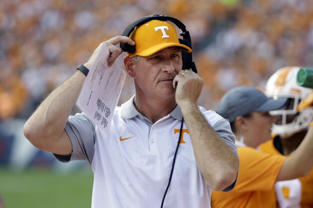 Tennessee defensive coordinator John Jancek watches from the sideline in the first half of an NCAA college football game against Bowling Green Saturday, Sept. 5, 2015, in Nashville, Tenn. (AP Photo/Mark Humphrey)