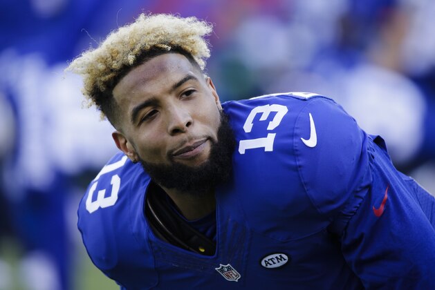 New York Giants wide receiver Odell Beckham (13) warms up before an NFL football game against the Carolina Panthers Sunday, Dec. 20, 2015, in East Rutherford, N.J. (AP Photo/Julie Jacobson)