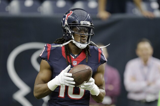 Houston Texans wide receiver DeAndre Hopkins (10) before an NFL football game against the Tennessee Titans, Sunday, Nov. 1, 2015, in Houston. (AP Photo/Eric Christian Smith)