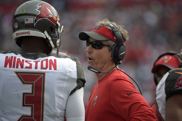 Tampa Bay Buccaneers offensive coordinator Dirk Koetter talks to quarterback Jameis Winston (3) during an NFL football game against the Dallas Cowboys Sunday, Nov. 15, 2015, in Tampa, Fla. (AP Photo/Phelan M. Ebenhack)
