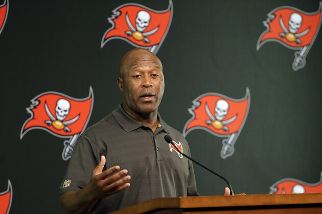 Tampa Bay Buccaneers head coach Lovie Smith during his end of the season news conference Monday, Jan. 4, 2016, in Tampa, Fla. (AP Photo/Chris O'Meara)
