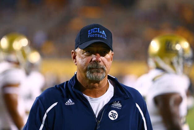 Sep 25, 2014; Tempe, AZ, USA; UCLA Bruins offensive coordinator Noel Mazzone against the Arizona State Sun Devils at Sun Devil Stadium. Mandatory Credit: Mark J. Rebilas-USA TODAY Sports
