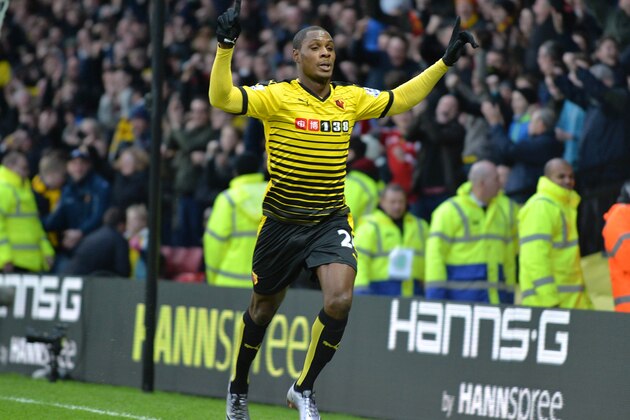 Watford's Nigerian striker Odion Ighalo celebrates after scoring their first goal during the English Premier League football match between Watford and Tottenham Hotspur at Vicarage Road Stadium in Watford, north of London on December 28, 2015. Tottenham won the game 2-1. AFP PHOTO / OLLY GREENWOOD

RESTRICTED TO EDITORIAL USE. NO USE WITH UNAUTHORIZED AUDIO, VIDEO, DATA, FIXTURE LISTS, CLUB/LEAGUE LOGOS OR 'LIVE' SERVICES. ONLINE IN-MATCH USE LIMITED TO 75 IMAGES, NO VIDEO EMULATION. NO USE IN BETTING, GAMES OR SINGLE CLUB/LEAGUE/PLAYER PUBLICATIONS. / AFP / OLLY GREENWOOD        (Photo credit should read OLLY GREENWOOD/AFP/Getty Images)