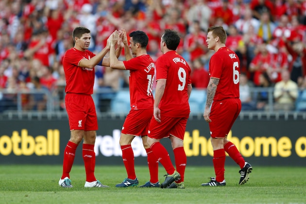 SYDNEY, AUSTRALIA - JANUARY 07: Liverpool Legends celebrate Luis Garcia's goal during the match between Liverpool FC Legends and the Australian Legends at ANZ Stadium on January 7, 2016 in Sydney, Australia.  (Photo by Zak Kaczmarek/Getty Images)