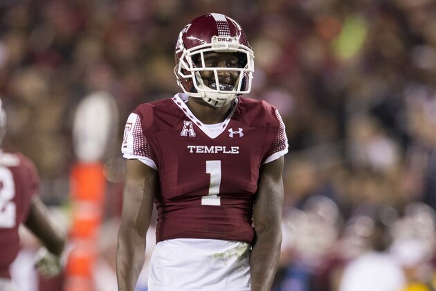PHILADELPHIA, PA - OCTOBER 31: Tavon Young #1 of the Temple Owls plays in the game against the Notre Dame Fighting Irish on October 31, 2015 at Lincoln Financial Field in Philadelphia, Pennsylvania. (Photo by Mitchell Leff/Getty Images)