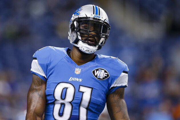 Detroit Lions wide receiver Calvin Johnson (81) during warm ups before an NFL football game against the San Francisco 49ers at Ford Field in Detroit, Sunday, Dec. 27, 2015. (AP Photo/Rick Osentoski)