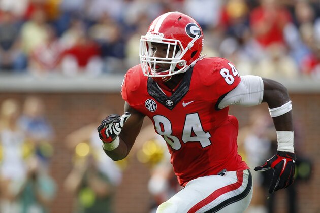 Georgia linebacker Leonard Floyd (84) rushes the passer against Georgia Tech in the second half of an NCAA college football game Saturday, Nov. 28, 2015, in Atlanta. Georgia won 13-7. (AP Photo/Brett Davis)