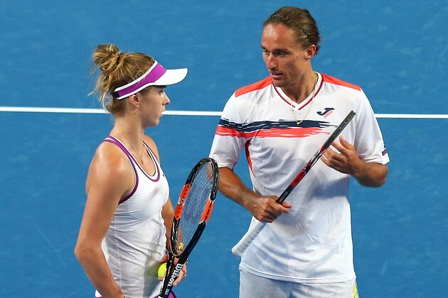 PERTH, AUSTRALIA - JANUARY 07:Elina Svitolina and Alexandr Dolgopolov of the Ukraine talk tactics in the mixed doubles match against Jarmila Wolfe and Lleyton Hewitt of Australia Gold during day five of the 2016 Hopman Cup at Perth Arena on January 7, 2016 in Perth, Australia.  (Photo by Paul Kane/Getty Images)