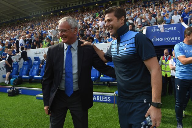LEICESTER, ENGLAND - AUGUST 22:  Claudio Ranieri Manager of Leicester City and Mauricio Pochettino Manager of Tottenham Hotspur greet prior to the Barclays Premier League match between Leicester City and Tottenham Hotspur at The King Power Stadium on August 22, 2015 in Leicester, England.  (Photo by Michael Regan/Getty Images)