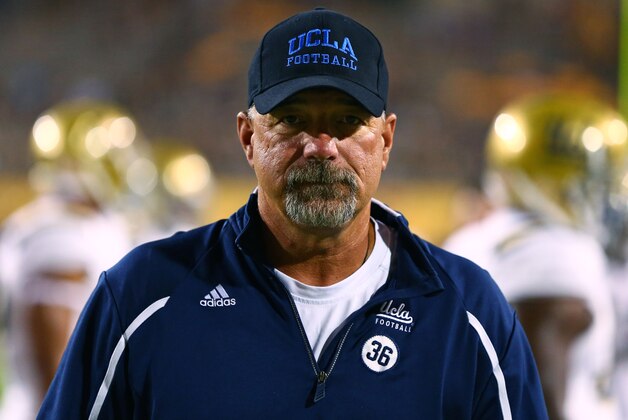 Sep 25, 2014; Tempe, AZ, USA; UCLA Bruins offensive coordinator Noel Mazzone against the Arizona State Sun Devils at Sun Devil Stadium. Mandatory Credit: Mark J. Rebilas-USA TODAY Sports