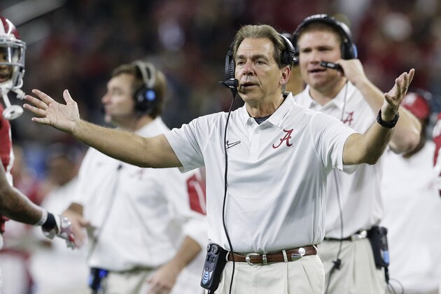 Alabama head coach Nick Saban cheers his players during the second half of the Cotton Bowl NCAA college football semifinal playoff game against Michigan State, Thursday, Dec. 31, 2015, in Arlington, Texas. (AP Photo/LM Otero)