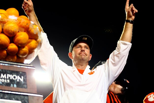 Dec 31, 2015; Miami Gardens, FL, USA; Clemson Tigers head coach Dabo Swinney celebrates after the 2015 CFP semifinal against Oklahoma Sooners at the Orange Bowl at Sun Life Stadium.  Clemson won 37-17. Mandatory Credit: Steve Mitchell-USA TODAY Sports