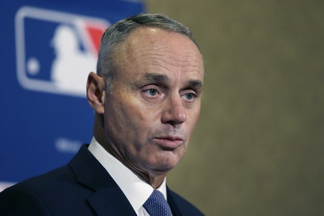 Major League Baseball Commissioner Rob Manfred speaks during a news conference after wrapping up the MLB owners meeting, Thursday, Nov. 19, 2015, in Dallas. (AP Photo/LM Otero)