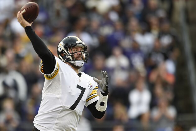 Pittsburgh Steelers quarterback Ben Roethlisberger (7) passes the ball during the second half of an NFL football game against the Baltimore Ravens in Baltimore, Sunday, Dec. 27, 2015. (AP Photo/Gail Burton)