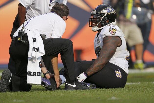 Baltimore Ravens outside linebacker Terrell Suggs is treated on the field during the second half of an NFL football game against the Denver Broncos Sunday, Sept. 13, 2015, in Denver. (AP Photo/Jack Dempsey) Baltimore Ravens outside linebacker Terrell Suggs is treated on the field during the second half of an NFL football game against the Denver Broncos Sunday, Sept. 13, 2015, in Denver. (AP Photo/Jack Dempsey)