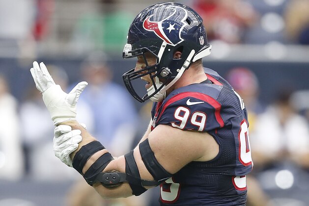 HOUSTON, TX - JANUARY 03: J.J. Watt #99 of the Houston Texans celebrates after making a sack against the Jacksonville Jaguars in the first quarter on January 3, 2016 at NRG Stadium in Houston, Texas. (Photo by Bob Levey/Getty Images)
