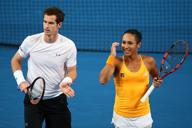 PERTH, AUSTRALIA - JANUARY 04:  Heather Watson and Andy Murray of Great Britain look on in the mixed doubles match against Caroline Garcia and Kenny De Schepper of France  during day two of the 2016 Hopman Cup at Perth Arena on January 4, 2016 in Perth, Australia.  (Photo by Paul Kane/Getty Images)