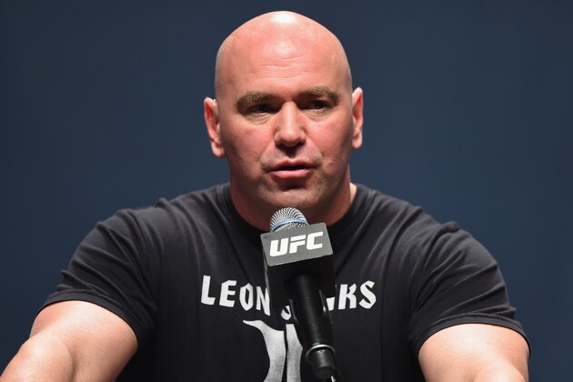 LAS VEGAS, NV - SEPTEMBER UFC president Dana White speaks to the media and fans during the UFC's Go Big launch event inside MGM Grand Garden Arena on September 4, 2015 in Las Vegas, Nevada.  (Photo by Josh Hedges/Zuffa LLC/Zuffa LLC via Getty Images)
