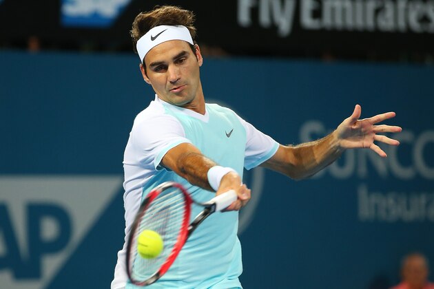 BRISBANE, AUSTRALIA - JANUARY 08:  Roger Federer of Switzerland plays a forehand in his quarter final match against Grigor Dimitrov of Bulgaria during day six of the 2016 Brisbane International at Pat Rafter Arena on January 8, 2016 in Brisbane, Australia.  (Photo by Chris Hyde/Getty Images)