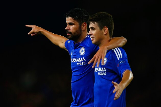 LONDON, ENGLAND - SEPTEMBER 16: Diego Costa of Chelsea celebrates scoring their third goal with Oscar of Chelsea during the UEFA Chanmpions League group G match between Chelsea and Maccabi Tel-Aviv FC at Stamford Bridge on September 16, 2015 in London, United Kingdom. (Photo by Laurence Griffiths/Getty Images) LONDON, ENGLAND - SEPTEMBER 16: Diego Costa of Chelsea celebrates scoring their third goal with Oscar of Chelsea during the UEFA Chanmpions League group G match between Chelsea and Maccabi Tel-Aviv FC at Stamford Bridge on September 16, 2015 in London, United Kingdom. (Photo by Laurence Griffiths/Getty Images)