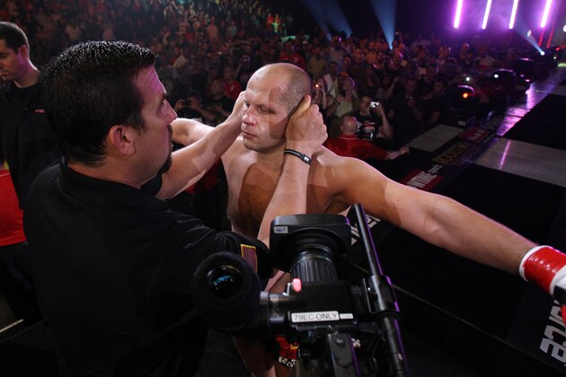 HOFFMAN ESTATES, IL - JULY 30:  Fedor Emelianenko prepares to enter the cage before his fight against Dan Henderson at the Strikeforce event at Sears Centre Arena on July 30, 2011 in Hoffman Estates, Illinois.  (Photo by Josh Hedges/Forza LLC/Forza LLC via Getty Images)