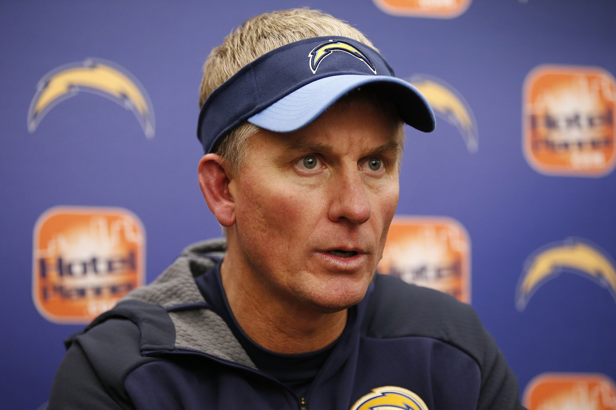 San Diego Chargers head coach Mike McCoy speaks at a news conference after an NFL football game against the Oakland Raiders in Oakland, Calif., Thursday, Dec. 24, 2015. The Raiders won 23-20 in overtime. (AP Photo/Tony Avelar)