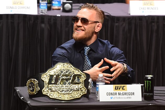 LAS VEGAS, NEVADA - SEPTEMBER 04:  UFC interim featherweight champion Conor McGregor looks on during the UFC's Go Big launch event inside MGM Grand Garden Arena on September 4, 2015 in Las Vegas, Nevada. (Photo by Jeff Bottari/Zuffa LLC/Zuffa LLC via Getty Images)
