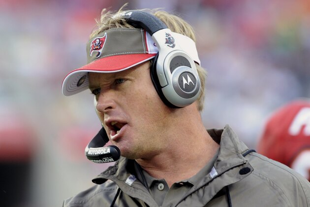 TAMPA, FL - NOVEMBER 30: Coach Jon Gruden of the Tampa Bay Buccaneers directs play against the New Orleans Saints at Raymond James Stadium on November 30, 2008 in Tampa, Florida.  (Photo by Al Messerschmidt/Getty Images)