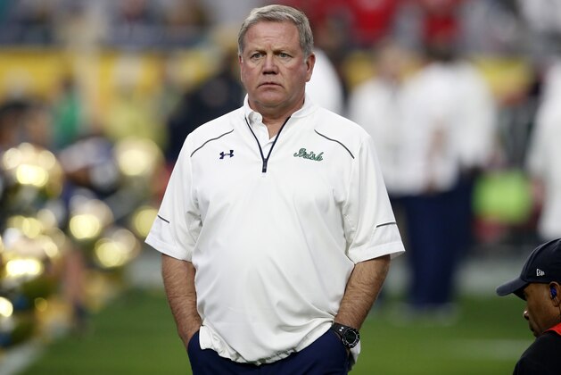 Notre Dame head coach Brian Kelly watches his players prior to the Fiesta Bowl NCAA College football game against Ohio State , Friday, Jan. 1, 2016, in Glendale, Ariz.  (AP Photo/Rick Scuteri)