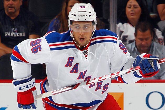 NEWARK, NJ - SEPTEMBER 26:  Emerson Etem #96 of the New York Rangers skates against the New Jersey Devils during a preseason game at the Prudential Center on September 26, 2015 in Newark, New Jersey.  (Photo by Bruce Bennett/Getty Images)