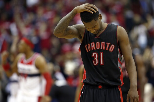 Toronto Raptors forward Terrence Ross (31) reacts during the second half of Game 3 in the first round of the NBA basketball playoffs against the Washington Wizards, Friday, April 24, 2015, in Washington. The Wizards won 106-99. (AP Photo/Alex Brandon)