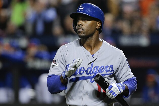 Los Angeles Dodgers shortstop Jimmy Rollins (11) reacts after striking out against the New York Mets during the first inning of baseball's Game 3 of the National League Division Series, Monday, Oct. 12, 2015, in New York. (AP Photo/Julie Jacobson)