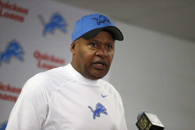 Detroit Lions head coach Jim Caldwell talks during a post-game interview after an NFL football game against the Chicago Bears, Sunday, Jan. 3, 2016, in Chicago. The Lions won 24-20. (AP Photo/Charles Rex Arbogast)